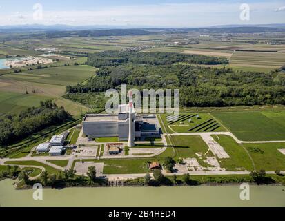 Centrale nucleare Zwentendorf sul Danubio, veduta aerea, 25.08.2014, Austria, Austria Inferiore, Zwentendorf an der Donau Foto Stock