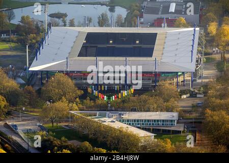 , Wedau Sports Park con la Schauinsland-Reisen-Arena (ex Wedaustadion) a Duisburg con il lago Bertasee, 13.11.2013, vista aerea, Germania, Nord Reno-Westfalia, Ruhr Area, Duisburg Foto Stock