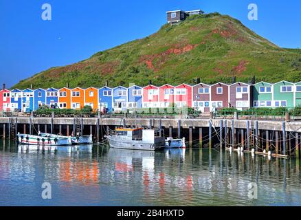 Cabine di aragosta al porto, Helgoland, baia di Helgoland, baia tedesca, isola del Mare del Nord, Mare del Nord, Schleswig-Holstein, Germania Foto Stock