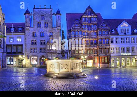 Piazza del mercato con la fontana Roland Tempelhaus e Wedekindhaus al crepuscolo, Hildesheim, Bassa Sassonia, Germania Foto Stock