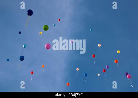 Palloncini colorati volano nel cielo Foto Stock