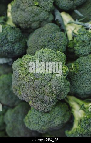 Broccoli su palo per la vendita, primo piano Foto Stock