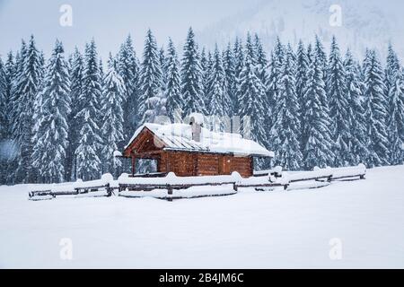 Paesaggio invernale con casa in legno sulle montagne innevate, Valle Ansiei, Auronzo di Cadore, Belluno, Veneto, Italia Foto Stock