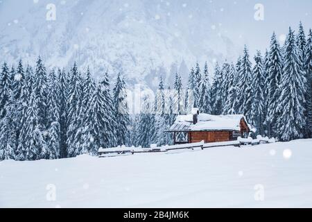 Paesaggio invernale con casa in legno sulle montagne innevate, Valle Ansiei, Auronzo di Cadore, Belluno, Veneto, Italia Foto Stock