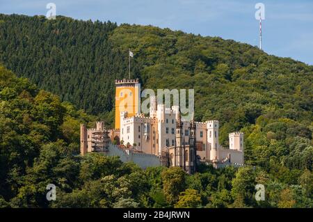 Schloss Stolzenfels vicino Coblenza sul Reno centrale, romantico, neogotico, costruito dal principe ereditario prussiano Friedrich Wilhelm, Hohenzollern, Romanticismo del Reno, costruito da Karl Friedrich Schinkel, Friedrich August Stüler, Patrimonio Mondiale dell'UNESCO, alta Valle del Reno, Foto Stock