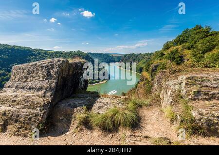 Valle Loreley vista da sud, attraverso una "finestra" dello Spitznack, situata sul sentiero Rheinsteig, Patrimonio dell'Umanità Dell'Unesco, alta Valle del Reno centrale, Foto Stock