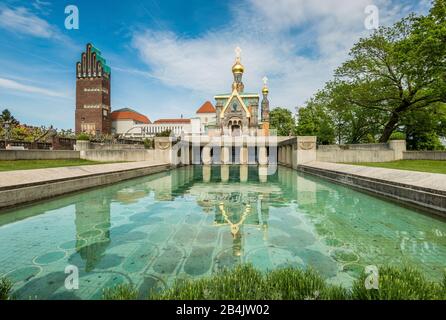 Darmstadt Mathildenhöhe, torre di nozze e cappella russa, colonia di artisti Foto Stock