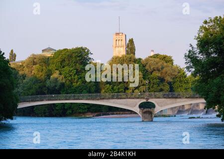 Isar, Kabelsteg E Deutsches Museum, Monaco, Baviera Superiore, Baviera, Germania Foto Stock