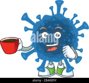 Cool coronavirus desfacilit personaggio cartone animato con una tazza di caffè Illustrazione Vettoriale