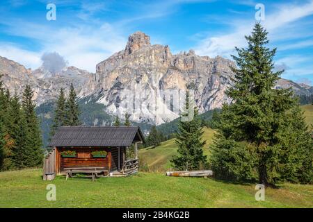 Tipico rifugio alpino sui prati Incisa, sullo sfondo il Sassongher, le Dolomiti, Corvara in Badia, Bolzano, Alto Adige, Itay Foto Stock