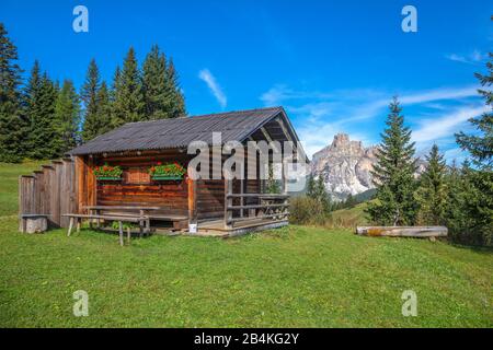 Tipico rifugio alpino sui prati Incisa, sullo sfondo il Sassongher, le Dolomiti, Corvara in Badia, Bolzano, Alto Adige, Itay Foto Stock