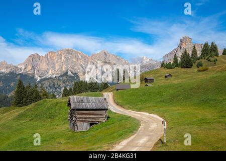 Tipici rifugi alpini sui prati Incisa, sullo sfondo col Toron, Ciampatsch, Sass Ciampei e Sassongher, gruppo Puez, Dolomiti, Corvara in Badia, Bolzano, Alto Adige, Itay Foto Stock