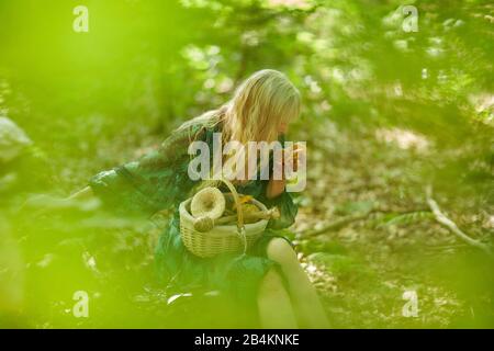 Donna nella foresta alla ricerca di funghi Foto Stock