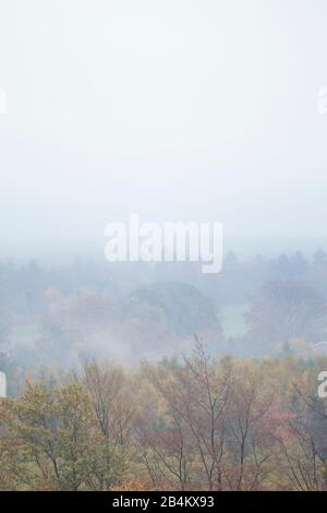 Europa, Danimarca, Bornholm. Vista dall'altezza sopra l'Ekkodalen al Bornholm Sud coperto dalla nebbia. Foto Stock