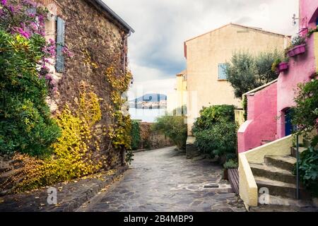 Blick auf die Bucht de la Baleta a Collioure im Herbst Foto Stock