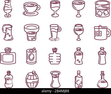 bevande alcoliche e bevande su sfondo bianco, stile di linea, illustrazione vettoriale Illustrazione Vettoriale