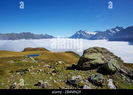 Vista da Maennlichen vicino a Wengen sulla valle da Grindelwald al Wetterhorn Foto Stock