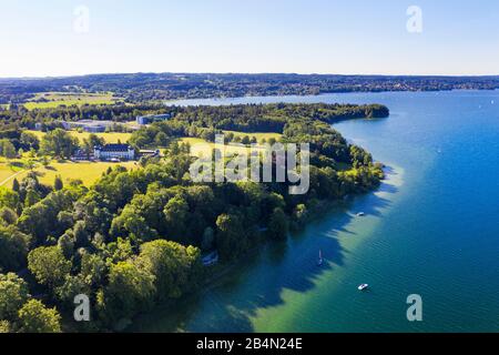 Castello di Höhenried e Clinica di Höhenried, vicino a Bernried am Starnberger See, Starnberger See, Fünfseenland, Pfaffenwinkel, catena alpina, veduta aerea, alta Baviera, Baviera, Germania Foto Stock