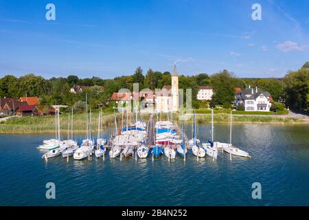 Molo di San Albano e Ammersee a Sankt Alban, vicino a Dießen am Ammersee, Fünfseenland, Pfaffenwinkel, veduta aerea, alta Baviera, Baviera, Germania Foto Stock