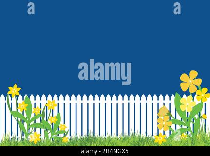 fiori e erba con recinzione bianca in picchetto e sfondo blu classico Foto Stock