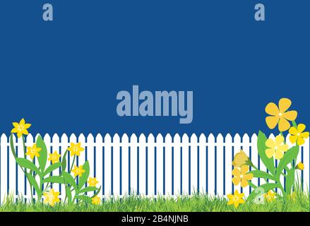fiori e erba con recinzione bianca in picchetto e sfondo blu classico Illustrazione Vettoriale