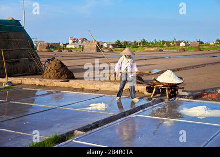 BACH LONG, GIAO THUY, NAMDINH, VIETNAM - 10 LUGLIO 2016: Una donna locale non identificata che lavora sui campi di sale. Questa è una delle più grandi produzioni di sale Foto Stock