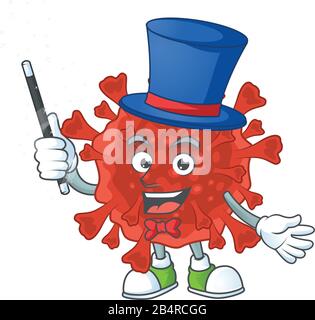 Affascinante rosso corona virus cartoon design performance come uno stile mago Illustrazione Vettoriale