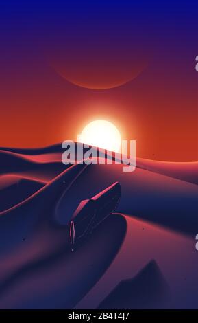 Un'immaginaria immagine fantascientifica della flotta di astronave sta volando sopra il deserto, che ha il bel tramonto all'orizzonte. Illustrazione Vettoriale
