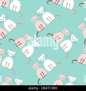 modello senza cuciture. gatti sfigo grassi trafilati con occhi chiusi a coppie su sfondo ciano. gatto rosa, gatto bianco. Illustrazione Vettoriale