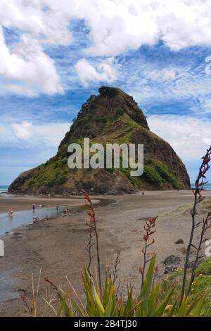 Il caratteristico Lion Rock vulcanico a Piha, vicino Auckland sulla costa occidentale di North Island, Nuova Zelanda Foto Stock