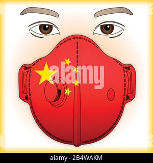 Maschera antivirale per la protezione antivirus con bandiera cinese, illustrazione vettoriale Illustrazione Vettoriale