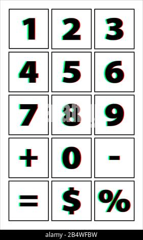 L'Alfabeto Numerico . Design dinamico a colori divisi e carattere unico, ombra di numeri blu, verde, rosso. In cornice sottile nera e su sfondo bianco. Illustrazione Vettoriale