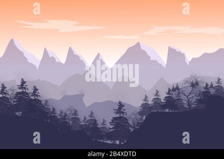 Paesaggio vettore di una catena montuosa con alberi e una foresta di fronte con cime innevate sullo sfondo. Sotto un cielo giallo arancio nube wargh. Illustrazione Vettoriale