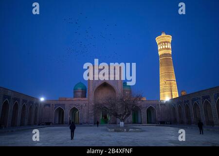 Cortile interno della Moschea Kalyan, parte del complesso po-i-Kalyan e illuminato Kalon Minareto di notte, Bukhara, Uzbekistan Foto Stock