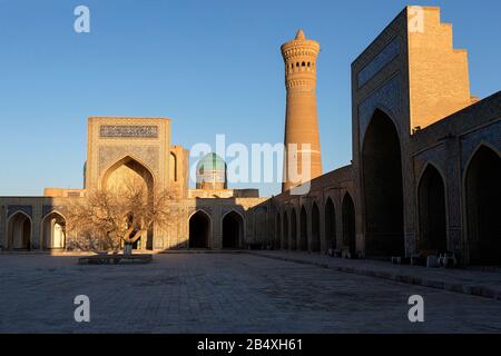 Minareto Kalyan e cortile interno del complesso della moschea po-i-Kalyan, Bukhara, Uzbekistan Foto Stock