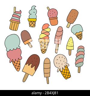 Set di diversi tipi di gelato in tazze per waffle e su un bastone su sfondo bianco. Per la progettazione del menu estivo in caffè e segni, per le stampe Illustrazione Vettoriale