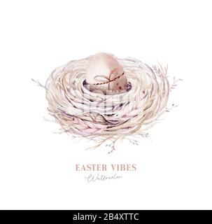 Acquerello happt nido di pasqua con uova di uccello con ramificazione e piuma. Illustrazione a mano della molla. Uovo di boho e nidi di piuma wreath. Decorazione di festa Foto Stock