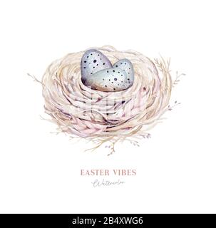 Acquerello happt nido di pasqua con uova di uccello con ramificazione e piuma. Illustrazione a mano della molla. Uovo di boho e nidi di piuma wreath. Decorazione di festa Foto Stock