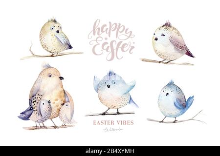 Acquerello happt nido di pasqua con uova di uccello con ramificazione e piuma. Illustrazione a mano della molla. Uovo di boho e nidi di piuma wreath. Decorazione di festa Foto Stock