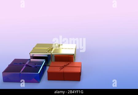 shinning avvolto e stringa legato scatole regalo in oro lucido, arcobaleno lucido e opaco rosso che avvolge in uno sfondo gradiente. rendering 3d. Foto Stock