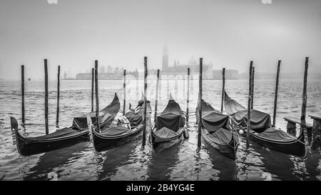 Gondole ormeggiate a Venezia. Italia con l'Isola di San Giorgio maggiore sullo sfondo di un freddo e foggoso pomeriggio invernale a dicembre Foto Stock