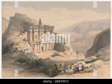 El Deir Petra 1839 Litografia A Colori Di David Roberts (1796-1864). Una ristampa in incisione di Louis Haghe è stata pubblicata in un libro 'The Holy Land, Syria, Idumea, Arabia, Egitto e Nubia. Nel 1855 da D. Appleton & Co., 346 & 348 Broadway a New York. Foto Stock