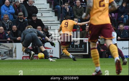 Tynecastle Park, Edimburgo, Scozia, Regno Unito. 7th Mar, 2020. Scottish Premiership Hearts V Motherwell. Motherwell Christopher Long score obiettivo di apertura vs Riscaldatori di credito: Eric mccowat/Alamy Live News Foto Stock