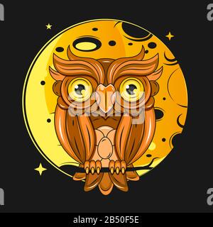 Owl Si Trova Su Un Ramo Di Albero Di Notte Sotto La Luna Illustrazione Vettoriale