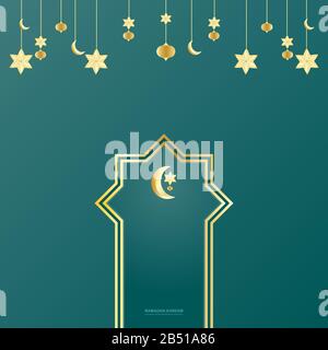 Ramadan luna, stelle. Decorazione di festa. Stella d'oro e luna. Biglietto d'auguri, banner o invito per il mese musulmano di Holly Ramadan Kareem. Ramadan Kareem Illustrazione Vettoriale