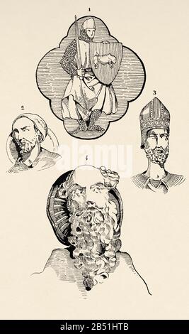 Medioevo. Architettura in Francia. Rilievo raffigurante la forza in Amiens, Statue teste a Chartres, San Pablo testa Tolosa Museo. Vecchia incisione illu Foto Stock