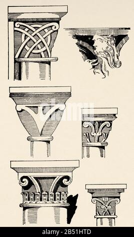 Medioevo. Architettura in Francia. Dettagli dell'architettura normanna, capitelli della chiesa. Vecchia illustrazione dell'incisione dal libro Historia Universal da C. Foto Stock