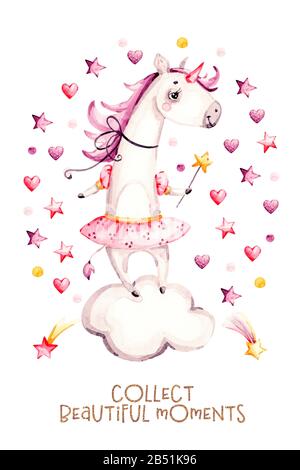 Unicorno e arcobaleno carino acquerello illustrazione della stanza dei bambini. Doccia per bambini, biglietto di auguri. Sfondo carino. Foto Stock