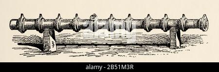 Arma da guerra di artiglieria. Pezzo di artiglieria passeggero di piccolo calibro e di lunghezza inferiore a straordinaria culebrina. Vecchia incisione del libro Historia d Foto Stock