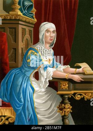 Vecchio ritratto litografico a colori. Isabella i di Castiglia (Madrigal de las Altas Torres 1451 - Medina del campo 1504) era regina di Castiglia, regina consorte Foto Stock